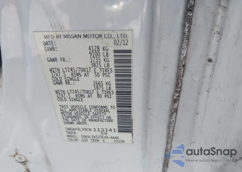 2012 Nissan Nv 2500 Nv2500 Hd Sv V8 из США, поврежденный, VIN 1N6AF0LY9CN115141